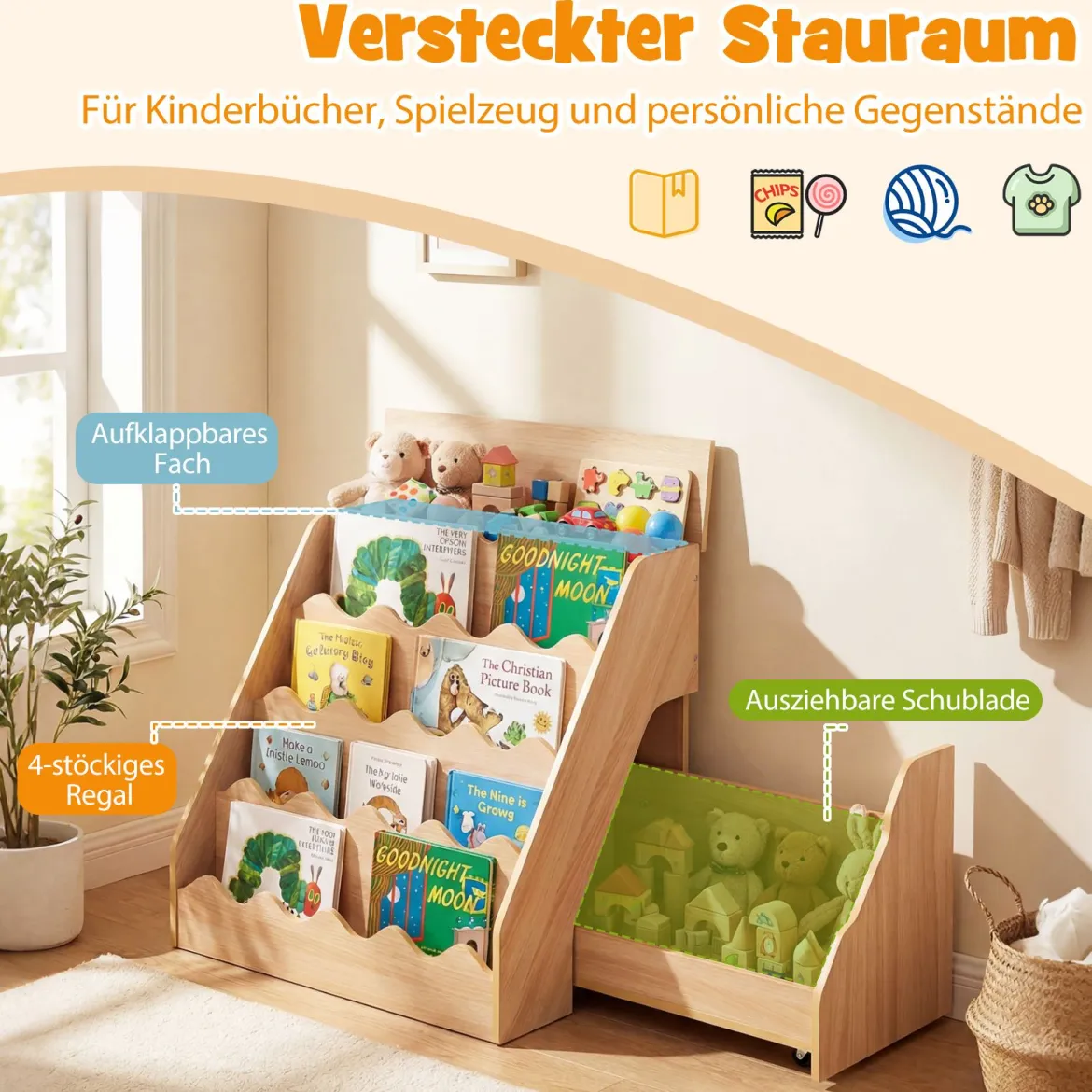 4 Stufiges Kinder Bücherregal mit Aufklappbaren Fach & Schublade auf Rollen Kinderregal Natur