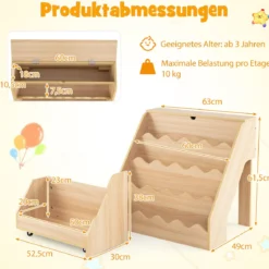 4 Stufiges Kinder Bücherregal mit Aufklappbaren Fach & Schublade auf Rollen Kinderregal Natur