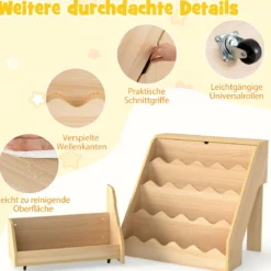 4 Stufiges Kinder Bücherregal mit Aufklappbaren Fach & Schublade auf Rollen Kinderregal Natur