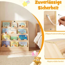 4 Stufiges Kinder Bücherregal mit Aufklappbaren Fach & Schublade auf Rollen Kinderregal Natur