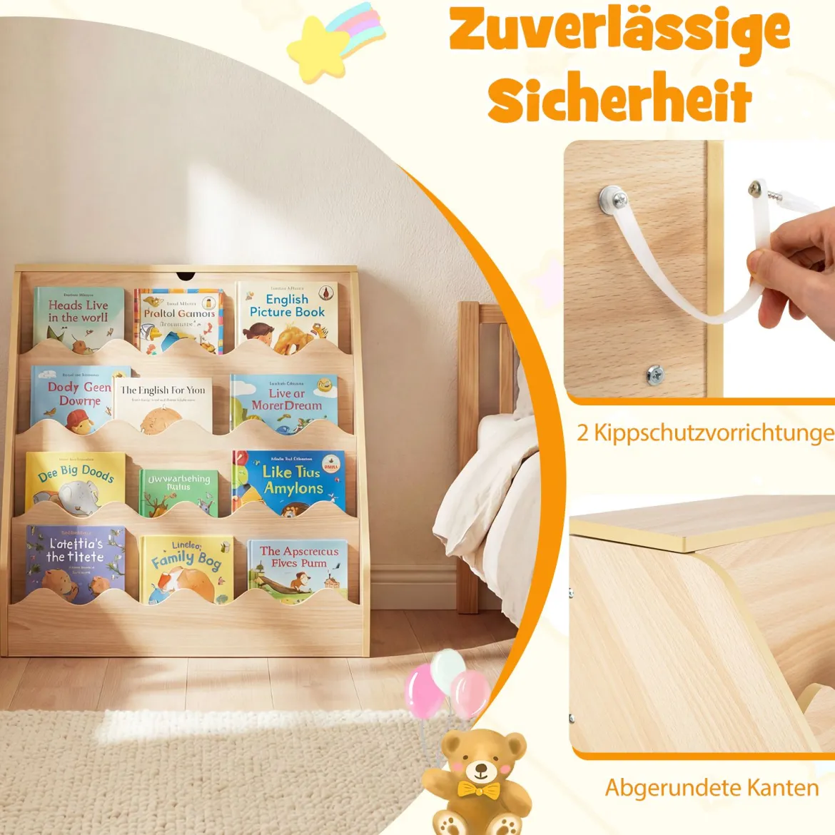 4 Stufiges Kinder Bücherregal mit Aufklappbaren Fach & Schublade auf Rollen Kinderregal Natur