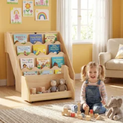 4 Stufiges Kinder Bücherregal mit Aufklappbaren Fach & Schublade auf Rollen Kinderregal Natur