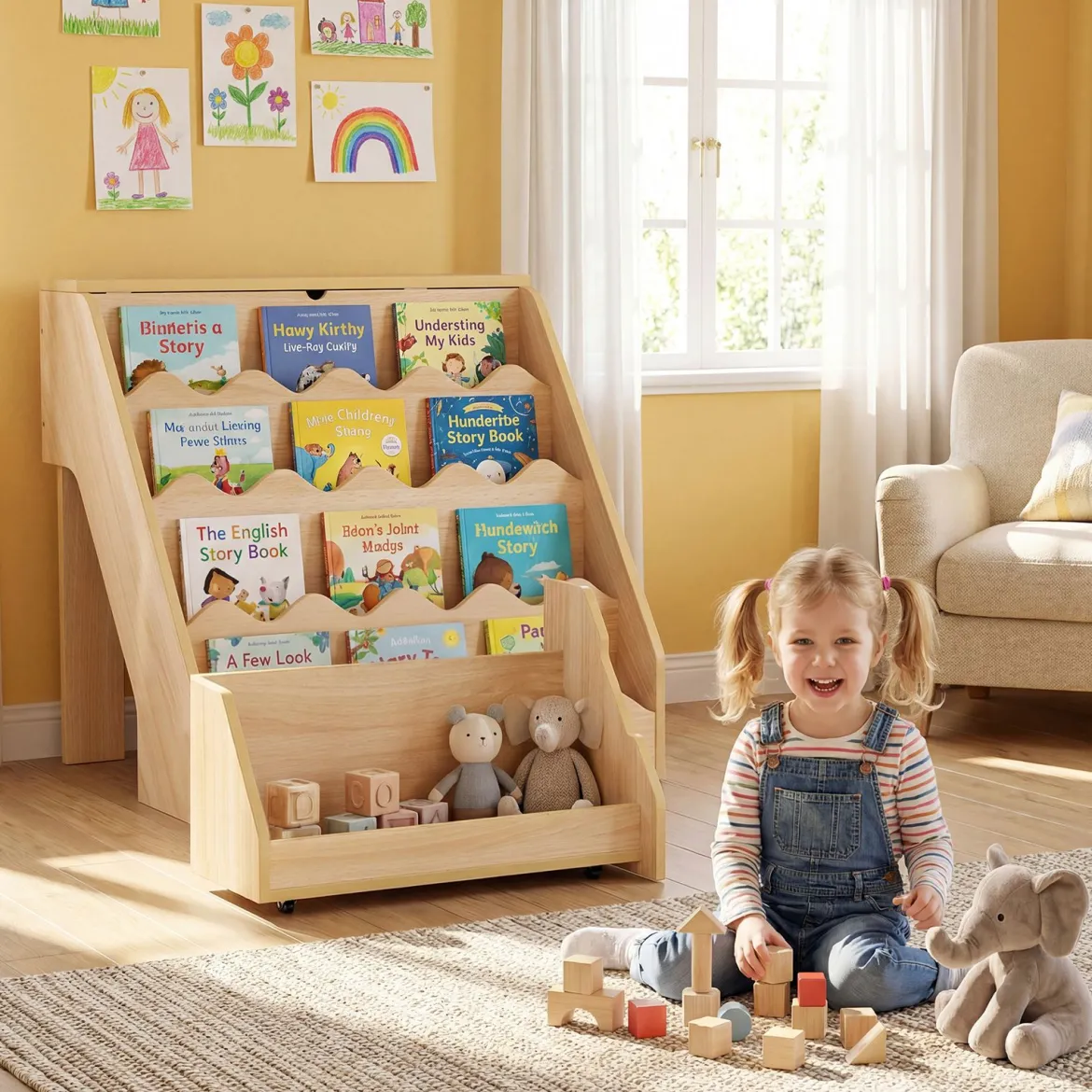 4 Stufiges Kinder Bücherregal mit Aufklappbaren Fach & Schublade auf Rollen Kinderregal Natur