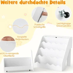 4 Stufiges Kinder Bücherregal mit Aufklappbaren Fach & Schublade auf Rollen Kinderregal Weiß