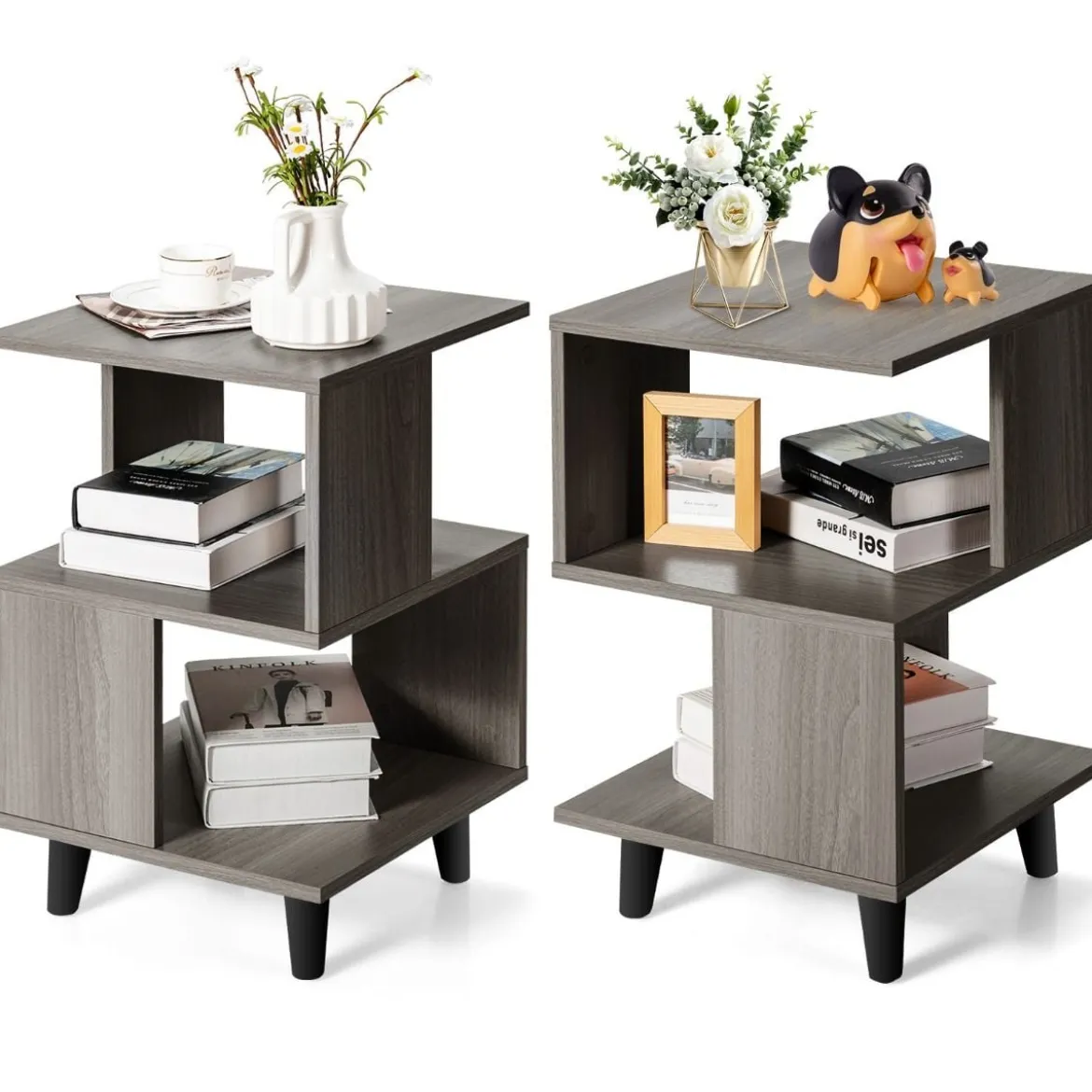 2-Stufiges Nachttisch-Set 2 Beistelltische mit Massivholzbeinen 40 x 40 x 64 cm Grau