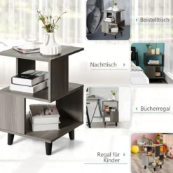 2-Stufiges Nachttisch-Set 2 Beistelltische mit Massivholzbeinen 40 x 40 x 64 cm Grau