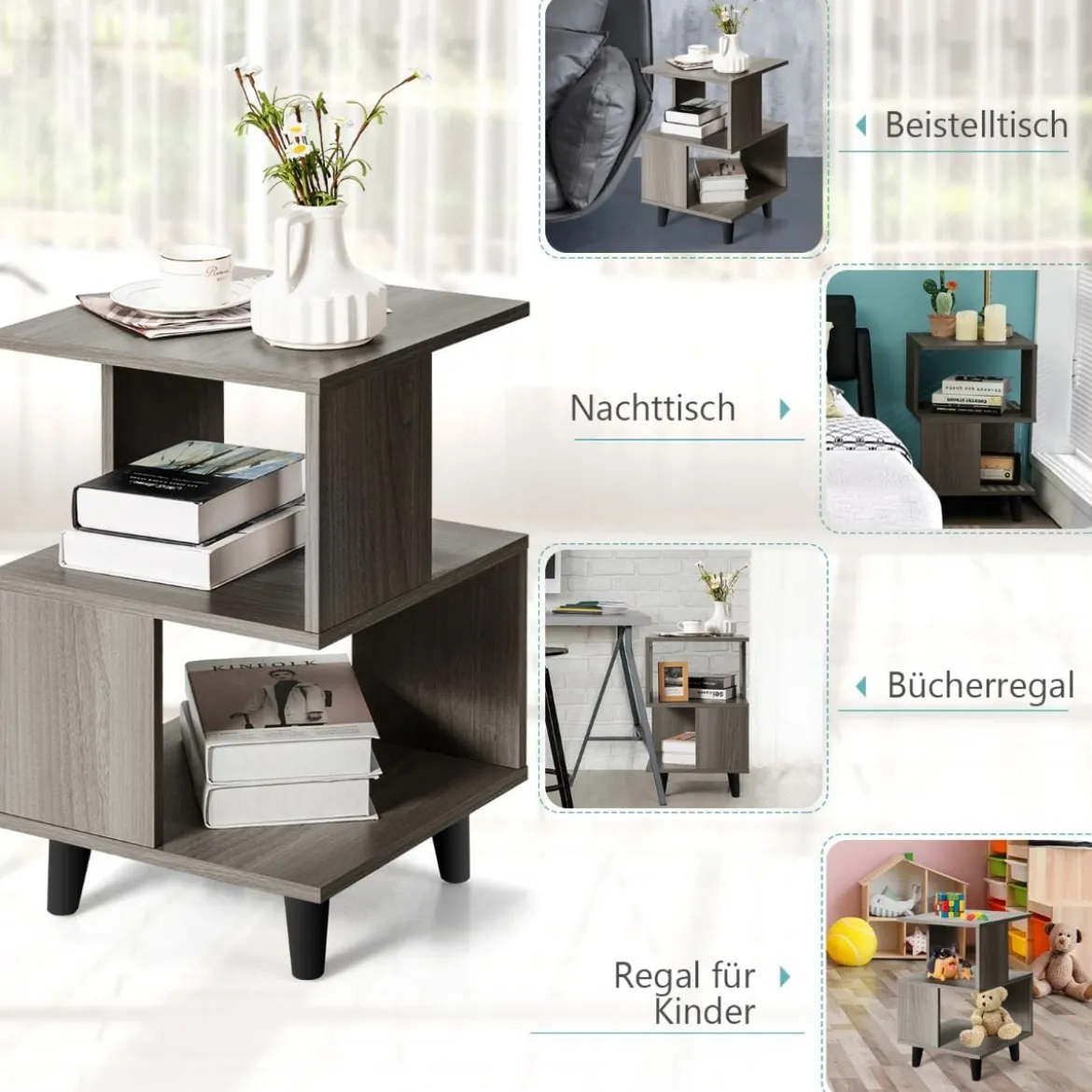 2-Stufiges Nachttisch-Set 2 Beistelltische mit Massivholzbeinen 40 x 40 x 64 cm Grau