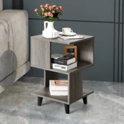 2-Stufiges Nachttisch-Set 2 Beistelltische mit Massivholzbeinen 40 x 40 x 64 cm Grau