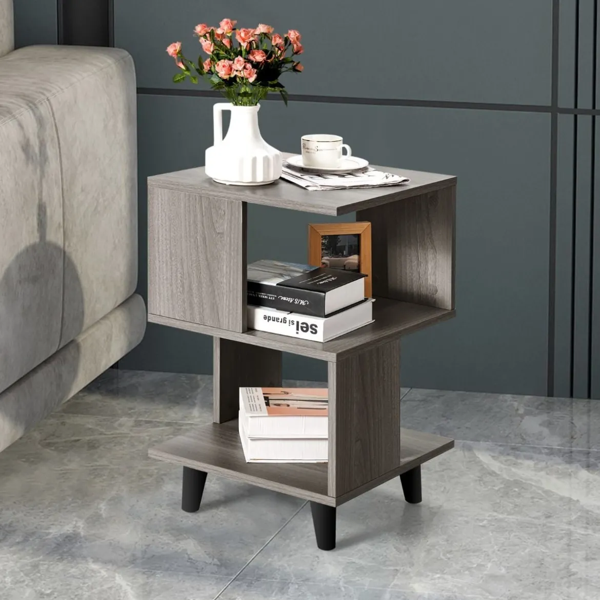 2-Stufiges Nachttisch-Set 2 Beistelltische mit Massivholzbeinen 40 x 40 x 64 cm Grau