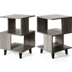 2-Stufiges Nachttisch-Set 2 Beistelltische mit Massivholzbeinen 40 x 40 x 64 cm Grau