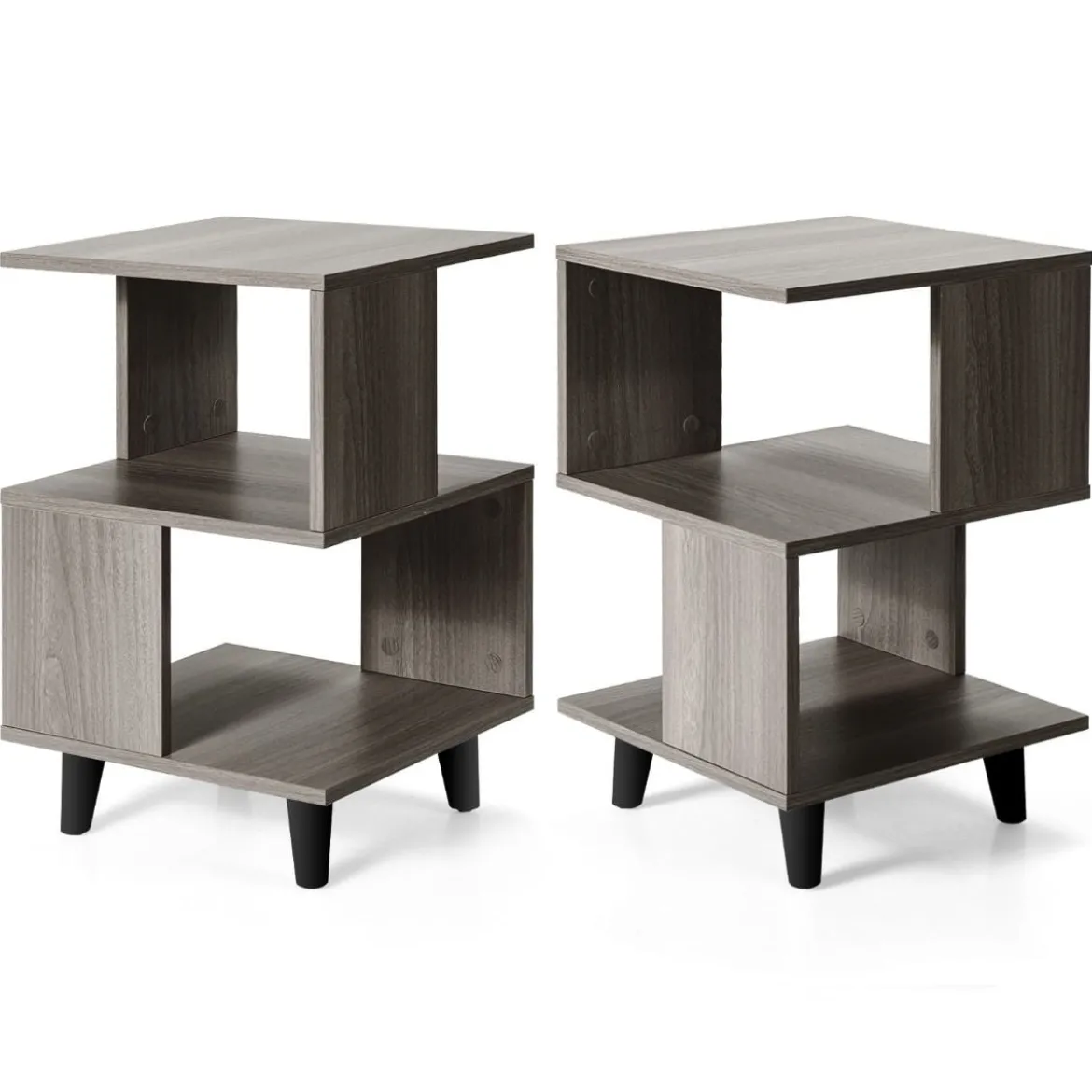 2-Stufiges Nachttisch-Set 2 Beistelltische mit Massivholzbeinen 40 x 40 x 64 cm Grau