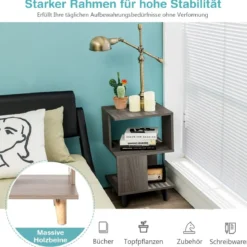 2-Stufiges Nachttisch-Set 2 Beistelltische mit Massivholzbeinen 40 x 40 x 64 cm Grau