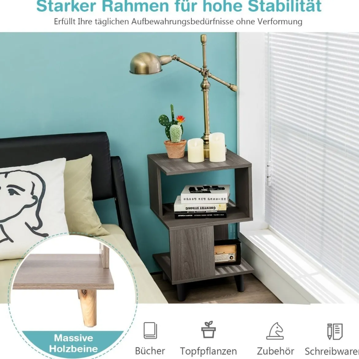 2-Stufiges Nachttisch-Set 2 Beistelltische mit Massivholzbeinen 40 x 40 x 64 cm Grau