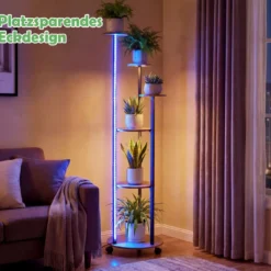 6-stufiges Pflanzenständer mit LED-Beleuchtung & Rollen Blumenständer Pflanzenregal Rustikal Braun