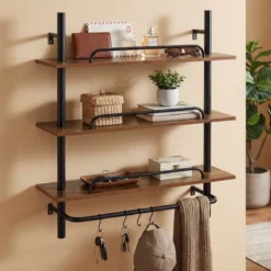 3-stufiges schwebendes Rohrregal Wandregal mit 4 S-förmigen Haken 80,5 x 24 x 97 cm ohne Beleuchtung