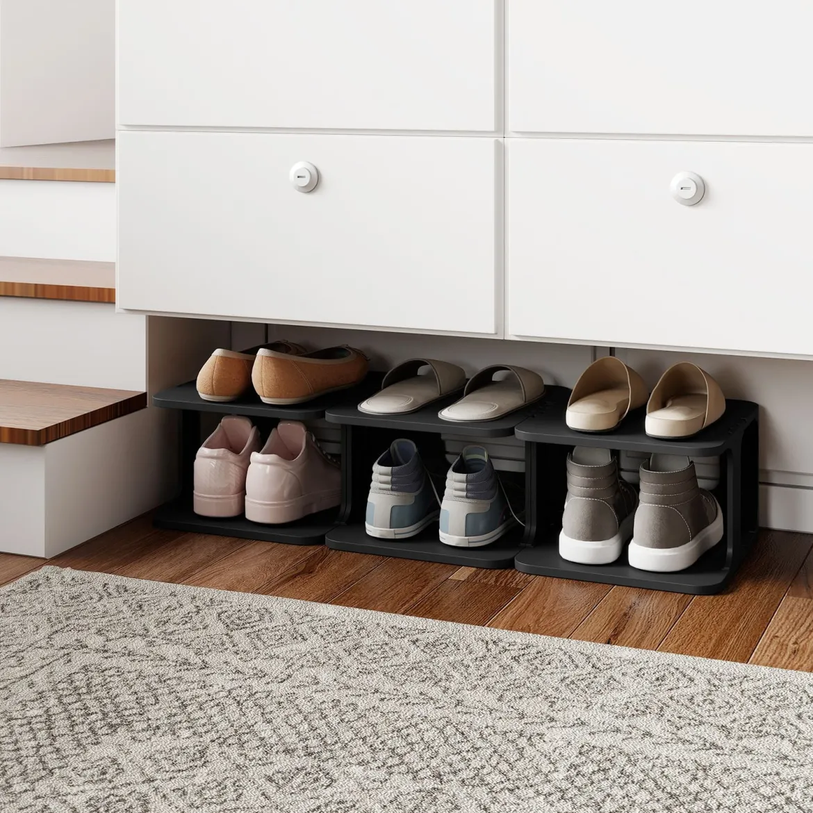 6-Stufiges Stapelbares Schuhregal Vertikaler Schuhorganizer Freistehender Schuhschrank Schwarz/Weiß