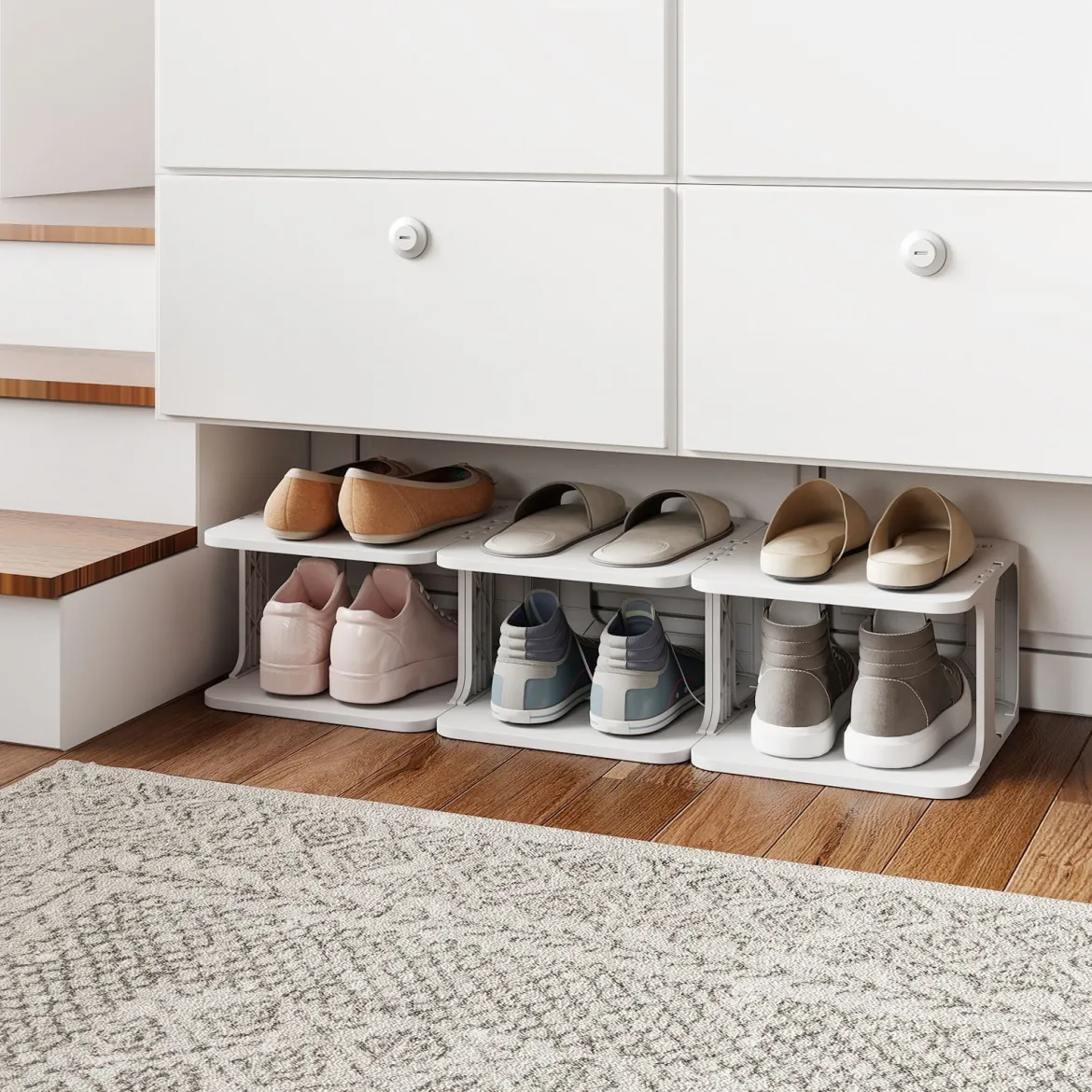 6-Stufiges Stapelbares Schuhregal Vertikaler Schuhorganizer Freistehender Schuhschrank Schwarz/Weiß