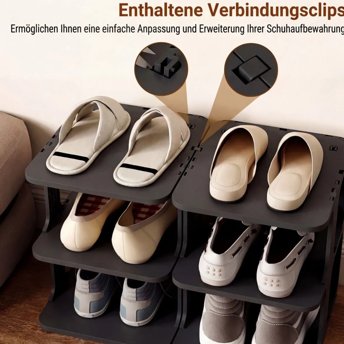 6-Stufiges Stapelbares Schuhregal Vertikaler Schuhorganizer Freistehender Schuhschrank Schwarz/Weiß