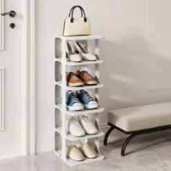 6-Stufiges Stapelbares Schuhregal Vertikaler Schuhorganizer Freistehender Schuhschrank Schwarz/Weiß