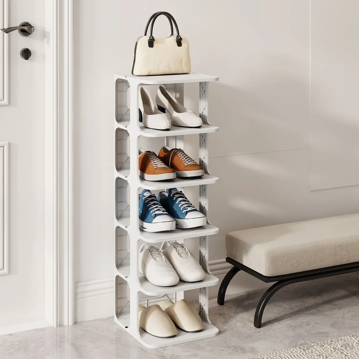 6-Stufiges Stapelbares Schuhregal Vertikaler Schuhorganizer Freistehender Schuhschrank Schwarz/Weiß