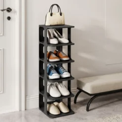 6-Stufiges Stapelbares Schuhregal Vertikaler Schuhorganizer Freistehender Schuhschrank Schwarz/Weiß