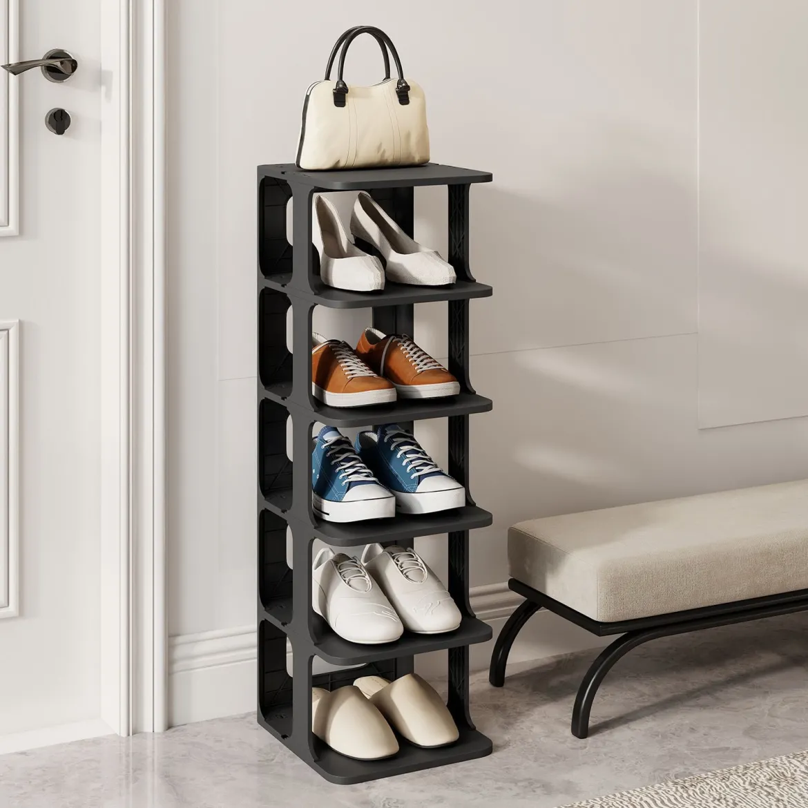 6-Stufiges Stapelbares Schuhregal Vertikaler Schuhorganizer Freistehender Schuhschrank Schwarz/Weiß