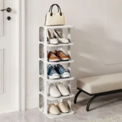 6-Stufiges Stapelbares Schuhregal Vertikaler Schuhorganizer Freistehender Schuhschrank Schwarz/Weiß