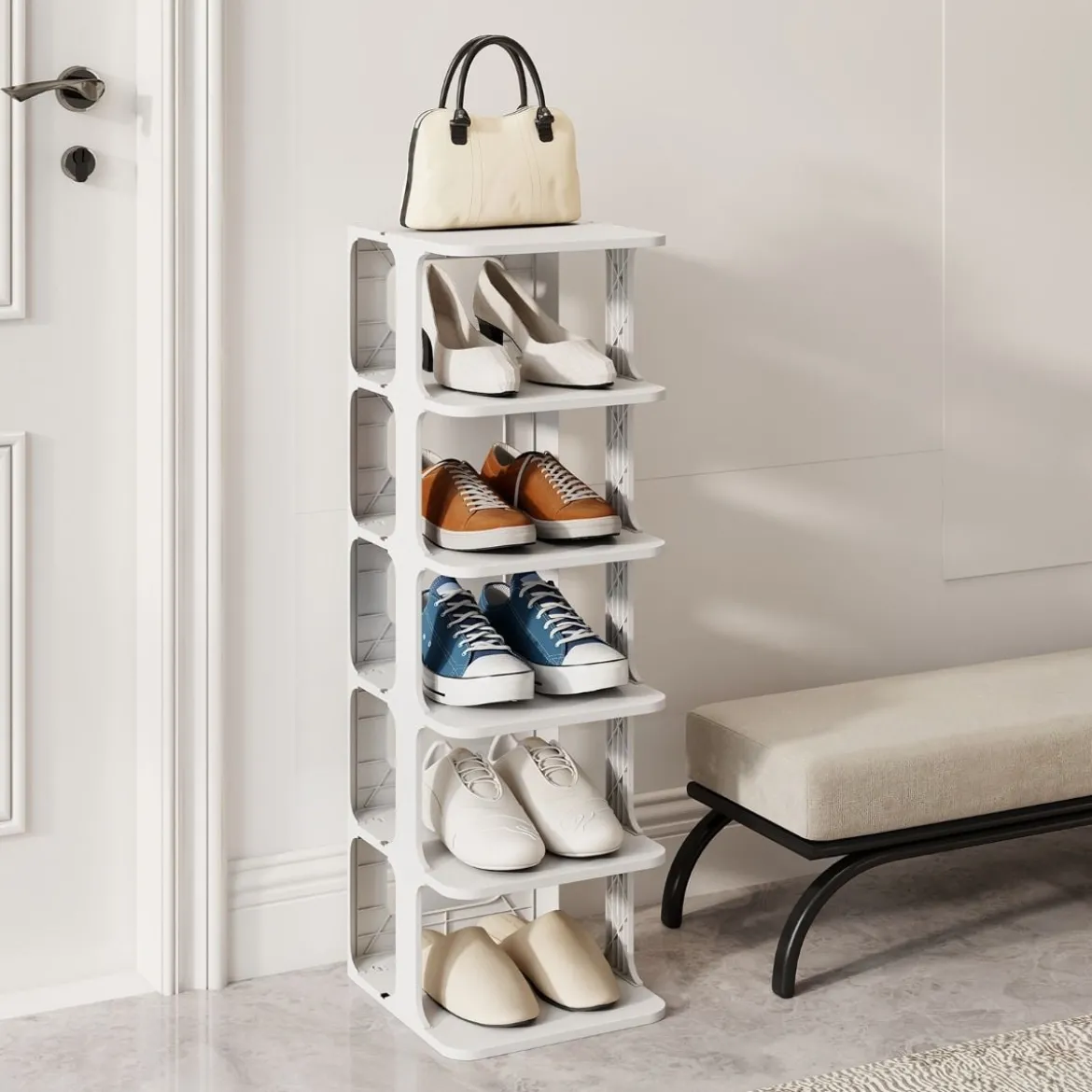 6-Stufiges Stapelbares Schuhregal Vertikaler Schuhorganizer Freistehender Schuhschrank Schwarz/Weiß