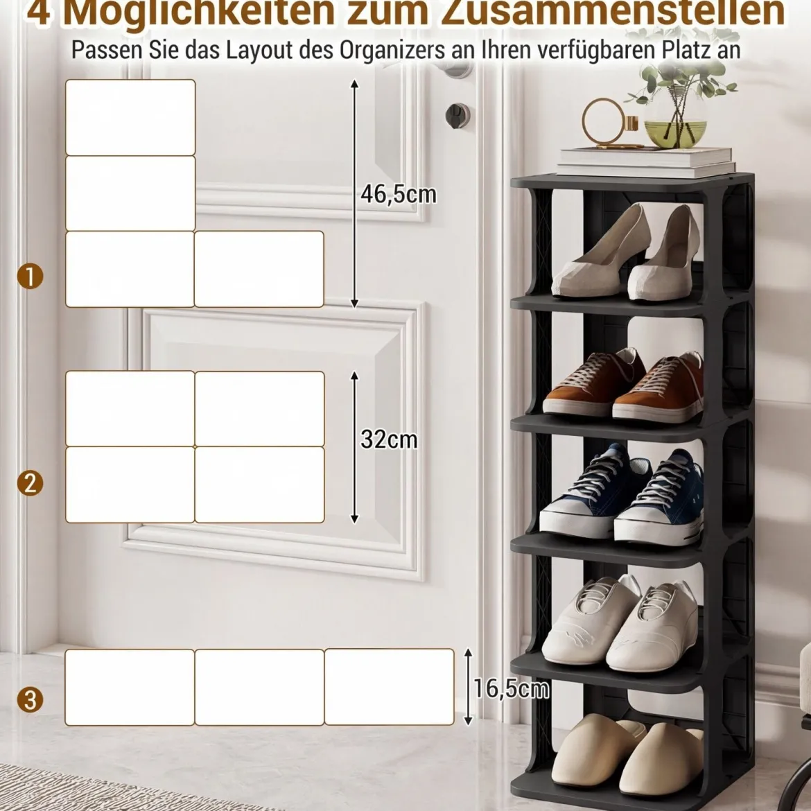 6-Stufiges Stapelbares Schuhregal Vertikaler Schuhorganizer Freistehender Schuhschrank Schwarz/Weiß