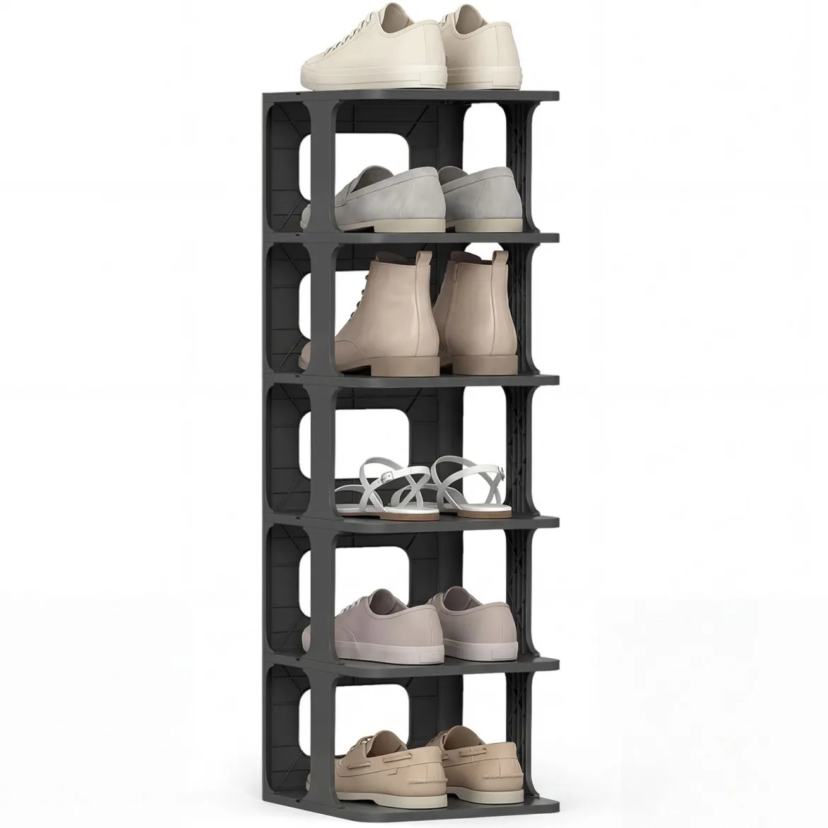 6-Stufiges Stapelbares Schuhregal Vertikaler Schuhorganizer Freistehender Schuhschrank Schwarz/Weiß