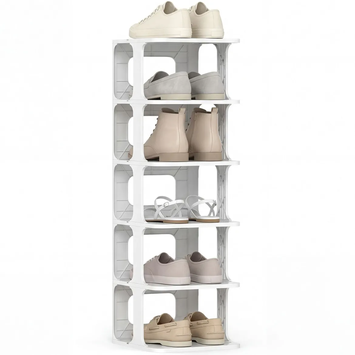 6-Stufiges Stapelbares Schuhregal Vertikaler Schuhorganizer Freistehender Schuhschrank Schwarz/Weiß