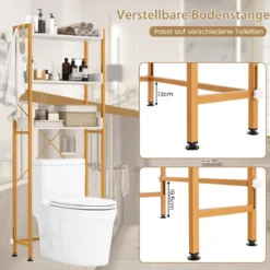 3-stufiges Toilettenregal mit 4 Haken & Verstellbaren Füßen Platzsparendes Badregal Weiß