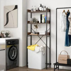 3-stufiges Toilettenregal mit 4 Haken & Verstellbaren Füßen Platzsparendes Badregal Braun