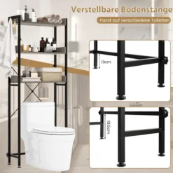 3-stufiges Toilettenregal mit 4 Haken & Verstellbaren Füßen Platzsparendes Badregal Grau