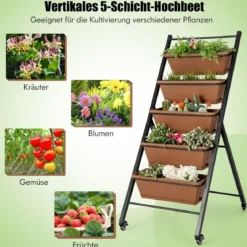 5-stufiges Vertikales Hochbeet mit Rädern & Entwässerungslöchern & Behälterkästen Braun