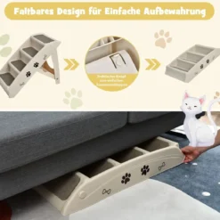 4-stufige Zusammenklappbare Haustierleiter aus Kunststoff Kletterleiter 62,5 x 38 x 49 cm Beige