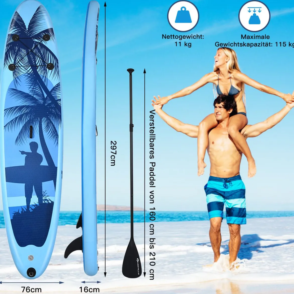 SUP Board Aufblasbar Stand up Board Paddelboard Blau