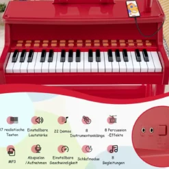 37-Tasten Kinder Keyboard mit Hocker & Verstellbarem Mikrofon & Notenständer Rot