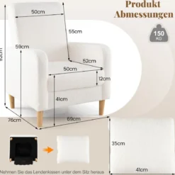 Teddy Sessel mit Lendenkissen & Holzbeine Gepolsterter Loungesessel bis 150 kg Belastbar Beige