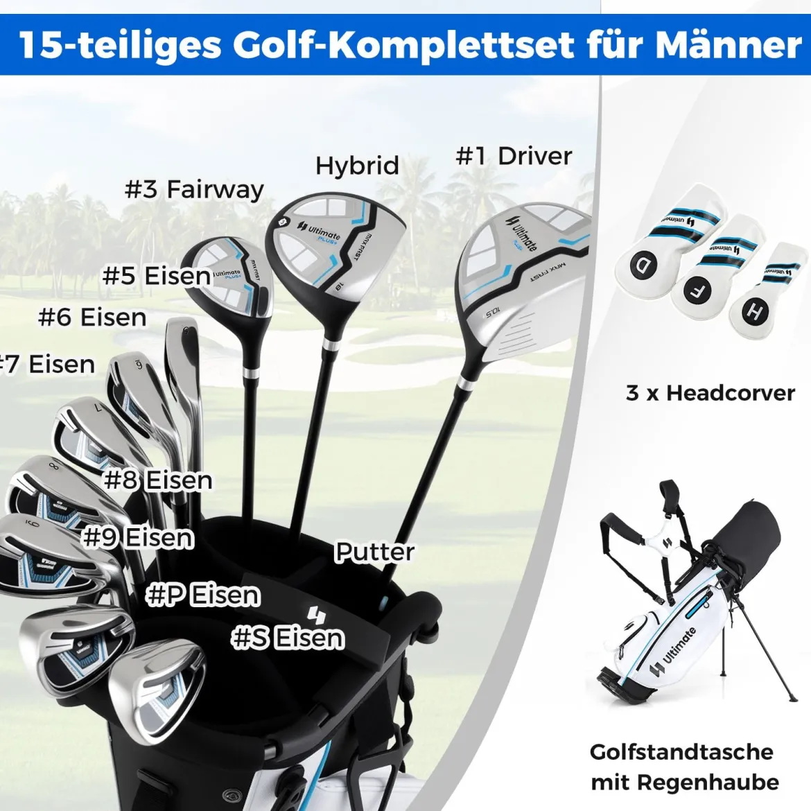 15 teilges Komplett Golfschläger Set Golf Set mit Golftasche & Regenhaube Weiß