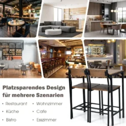 3-teilig Bartisch Set Esstisch mit 2 Barstühlen mit robustem Metallrahmen Braun