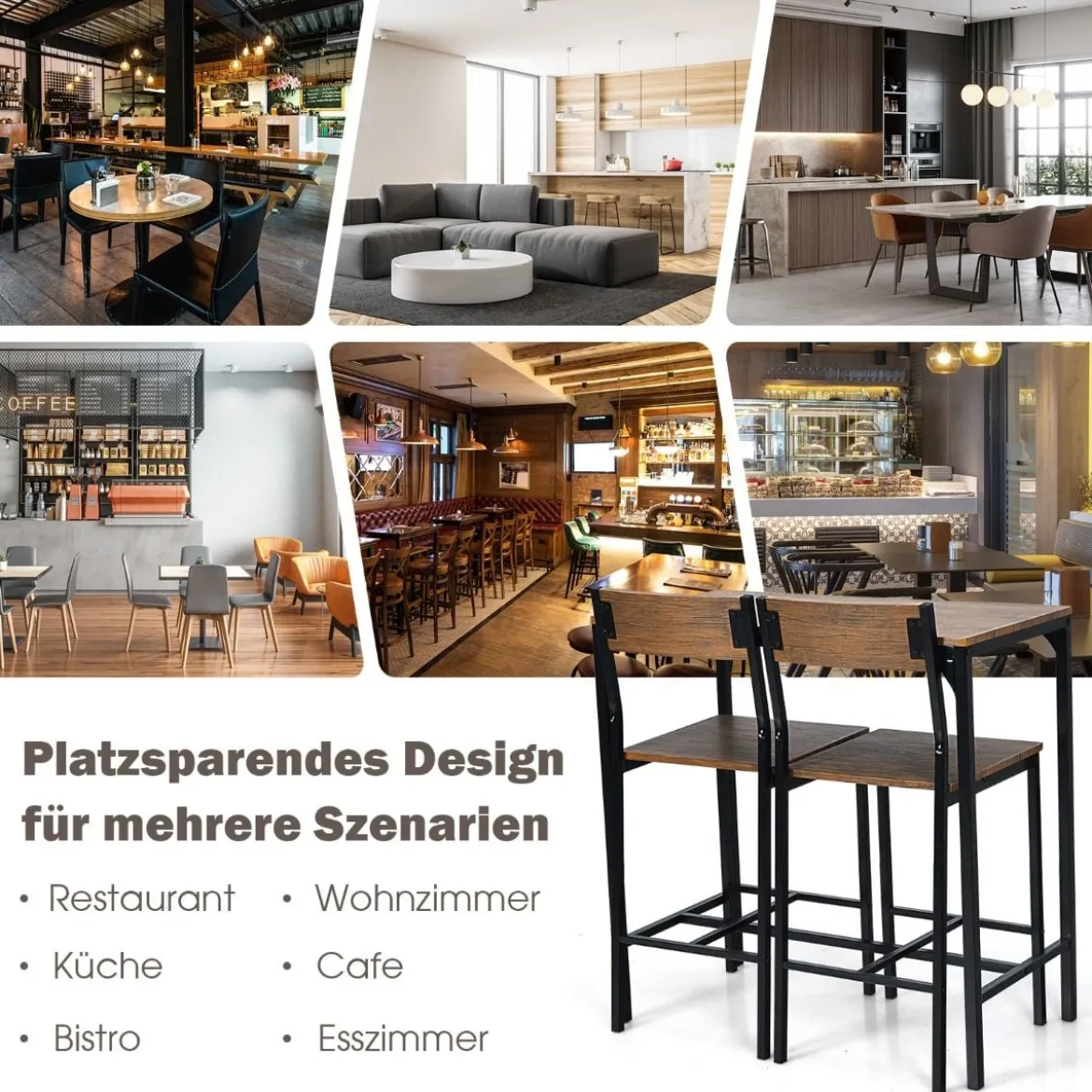 3-teilig Bartisch Set Esstisch mit 2 Barstühlen mit robustem Metallrahmen Braun
