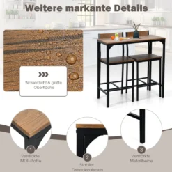 3-teilig Bartisch Set Esstisch mit 2 Barstühlen mit robustem Metallrahmen Braun