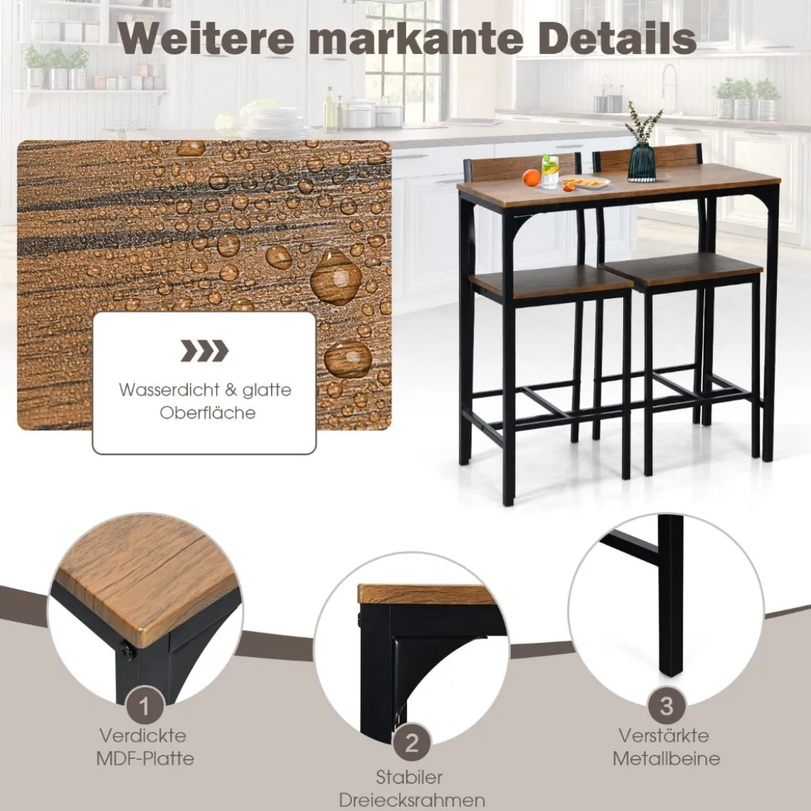 3-teilig Bartisch Set Esstisch mit 2 Barstühlen mit robustem Metallrahmen Braun