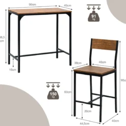 3-teilig Bartisch Set Esstisch mit 2 Barstühlen mit robustem Metallrahmen Braun