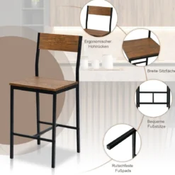 3-teilig Bartisch Set Esstisch mit 2 Barstühlen mit robustem Metallrahmen Braun