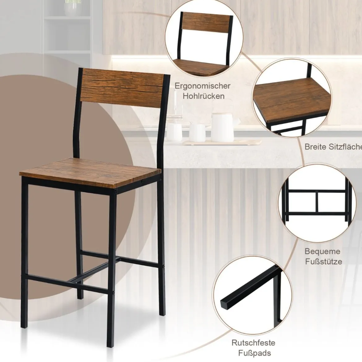 3-teilig Bartisch Set Esstisch mit 2 Barstühlen mit robustem Metallrahmen Braun