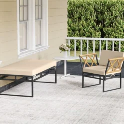 2-teilige Gartenmöbel Set Outdoor Liegestuhl mit Metallrahmen Kissen & Armlehnen aus Akazienholz Beige