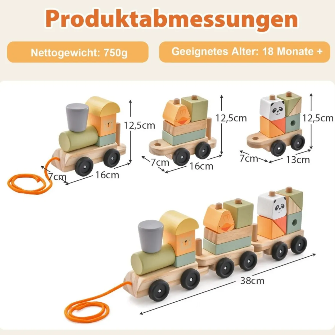 3-teilige Holzeisenbahn-Set mit stapelbaren Bausteinen niedlichen Tiermustern & Hakenverbindungen