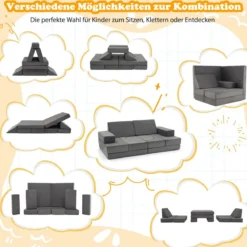 12-teilige modulares Kindersofa umwandelbares Spielsofa mit maschinenwaschbaren Bezügen Dunkelgrau